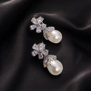 Rhodium Plated Floral Pearl Drop Earrings