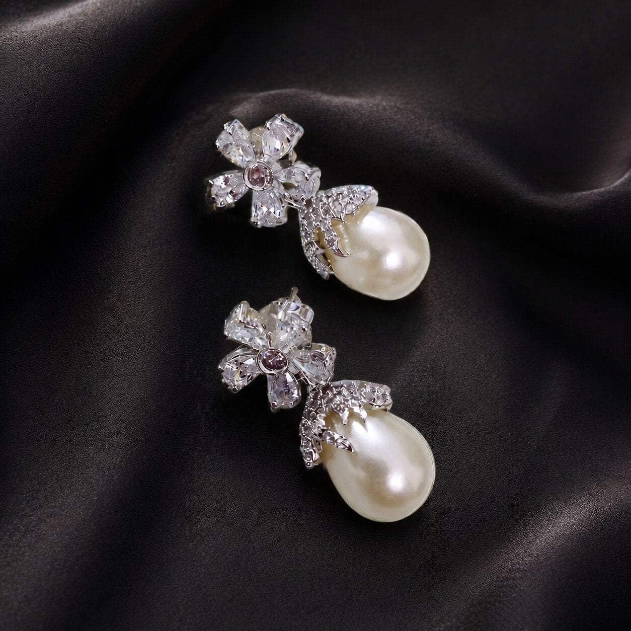 Rhodium Plated Floral Pearl Drop Earrings