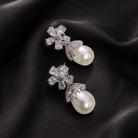 Rhodium Plated Floral Pearl Drop Earrings