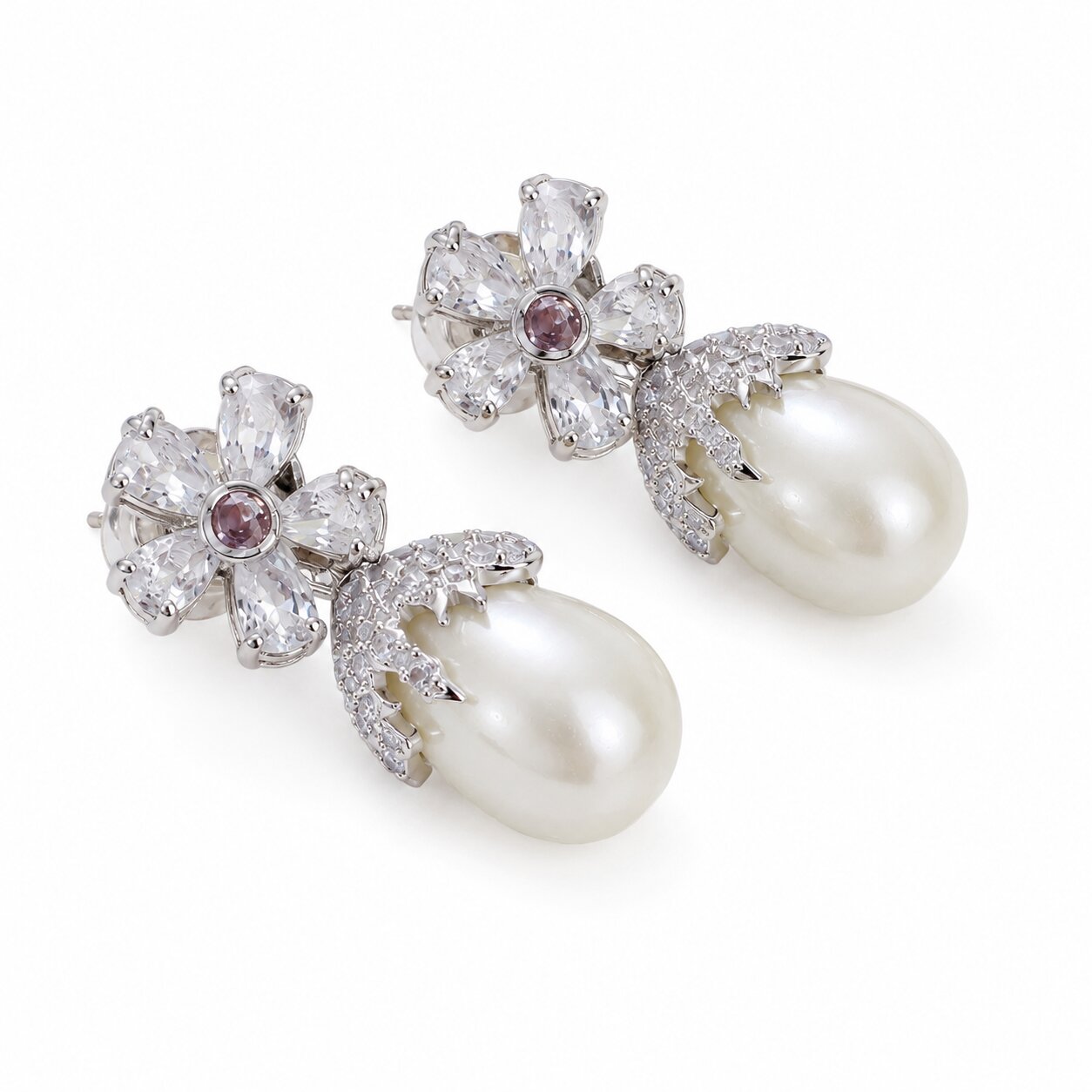 Rhodium Plated Floral Pearl Drop Earrings