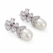 Rhodium Plated Floral Pearl Drop Earrings