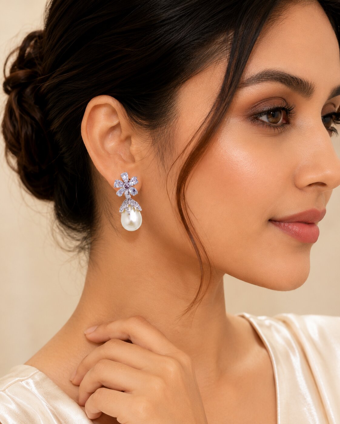 Rhodium Plated Floral Pearl Drop Earrings