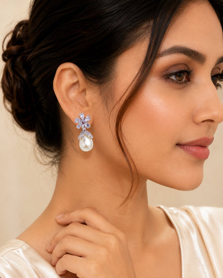 Rhodium Plated Floral Pearl Drop Earrings