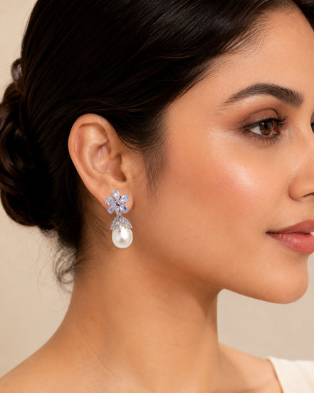 Rhodium Plated Floral Pearl Drop Earrings