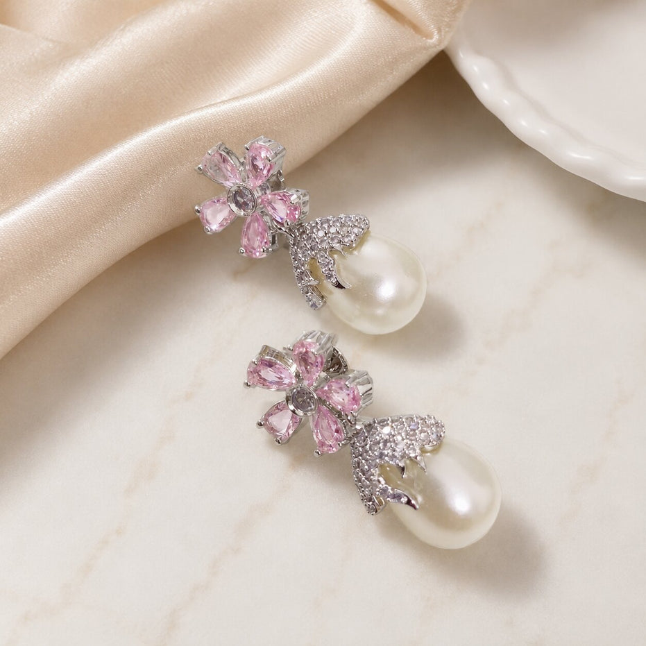 Rhodium Plated Floral Pearl Drop Earrings