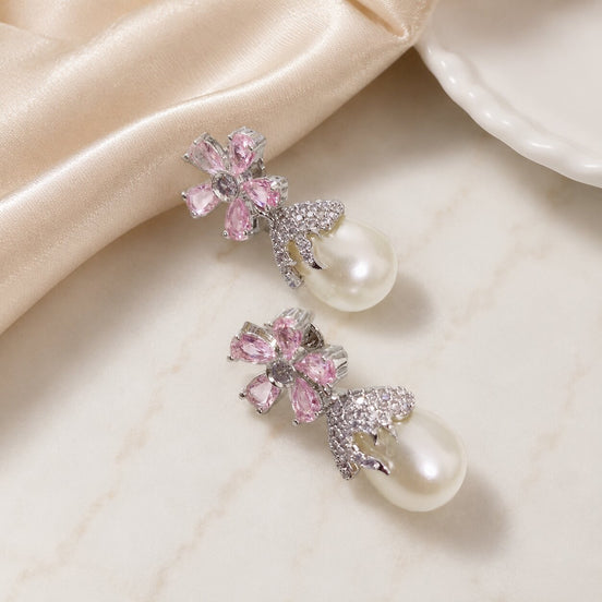 Rhodium Plated Floral Pearl Drop Earrings