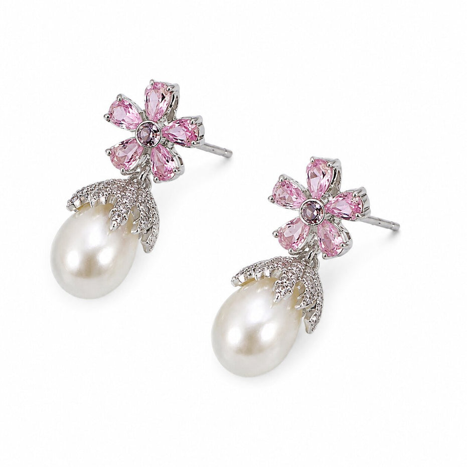 Rhodium Plated Floral Pearl Drop Earrings