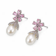 Rhodium Plated Floral Pearl Drop Earrings