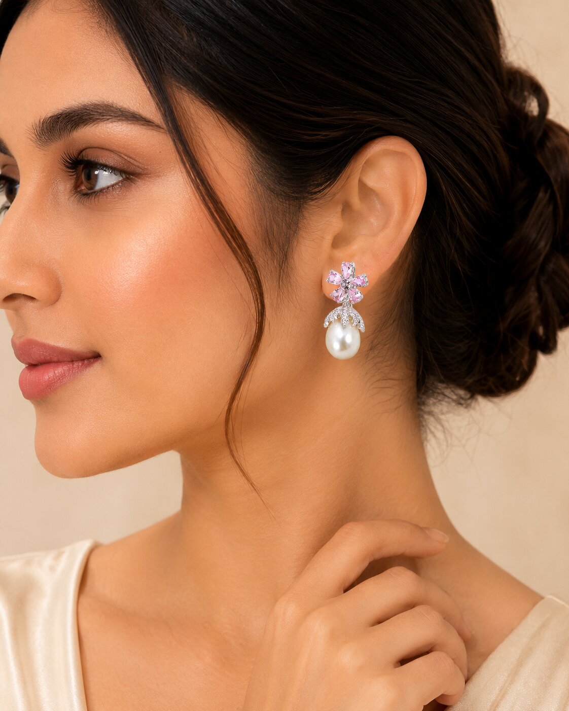 Rhodium Plated Floral Pearl Drop Earrings