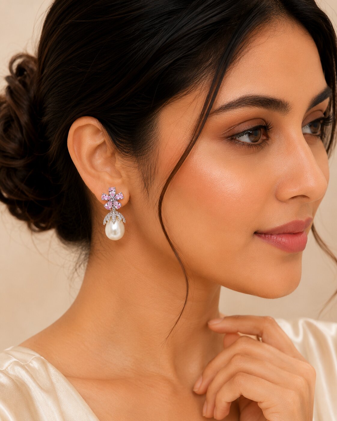 Rhodium Plated Floral Pearl Drop Earrings