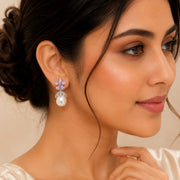 Rhodium Plated Floral Pearl Drop Earrings