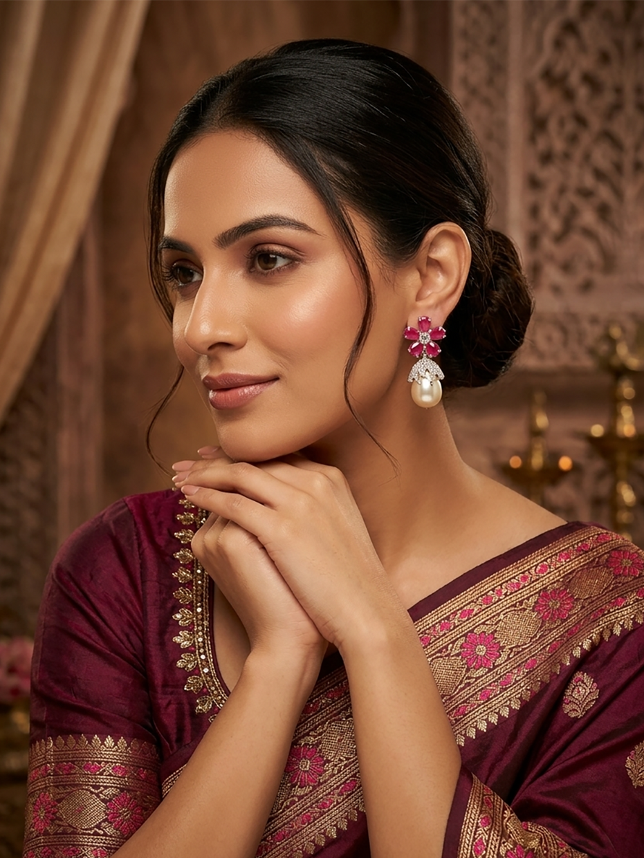 Rhodium Plated Floral Pearl Drop Earrings