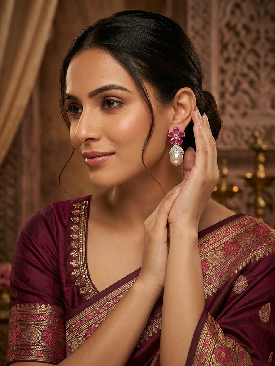 Rhodium Plated Floral Pearl Drop Earrings
