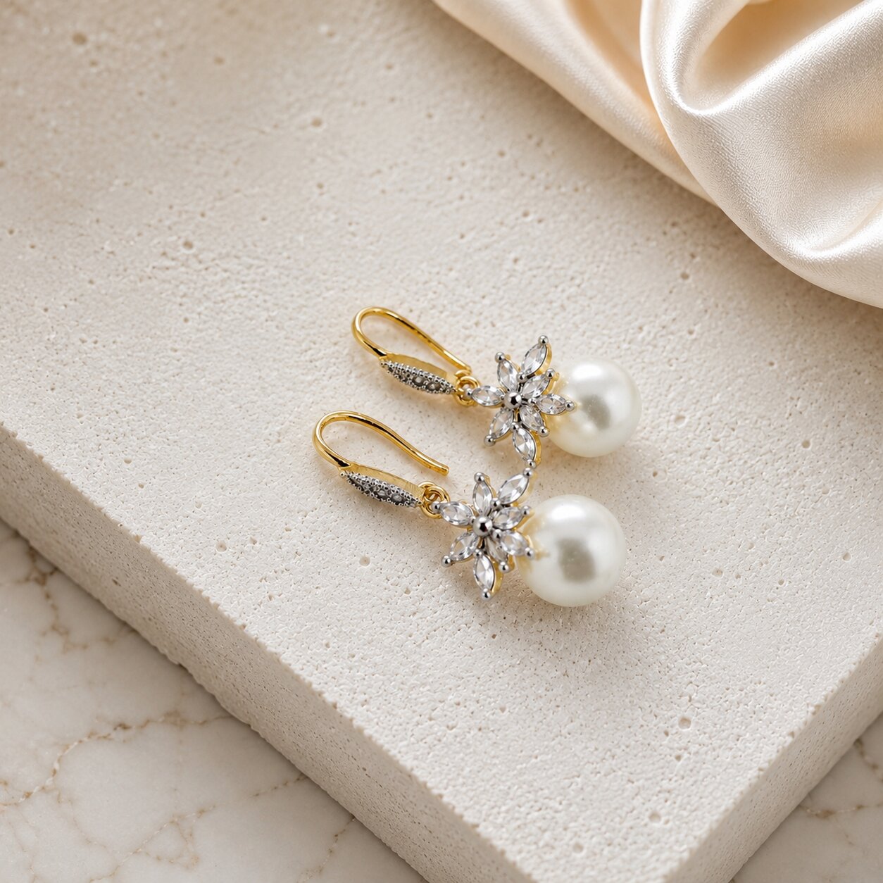 Gold Plated Floral Pearl Drop Earrings with CZ Stones