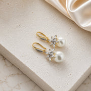 Gold Plated Floral Pearl Drop Earrings with CZ Stones
