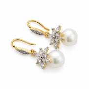 Gold Plated Floral Pearl Drop Earrings with CZ Stones