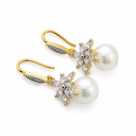 Gold Plated Floral Pearl Drop Earrings with CZ Stones