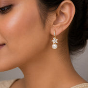 Gold Plated Floral Pearl Drop Earrings with CZ Stones