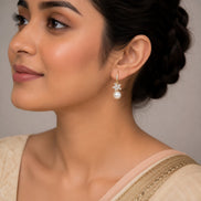 Gold Plated Floral Pearl Drop Earrings with CZ Stones