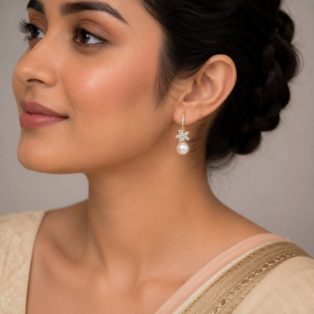 Gold Plated Floral Pearl Drop Earrings with CZ Stones