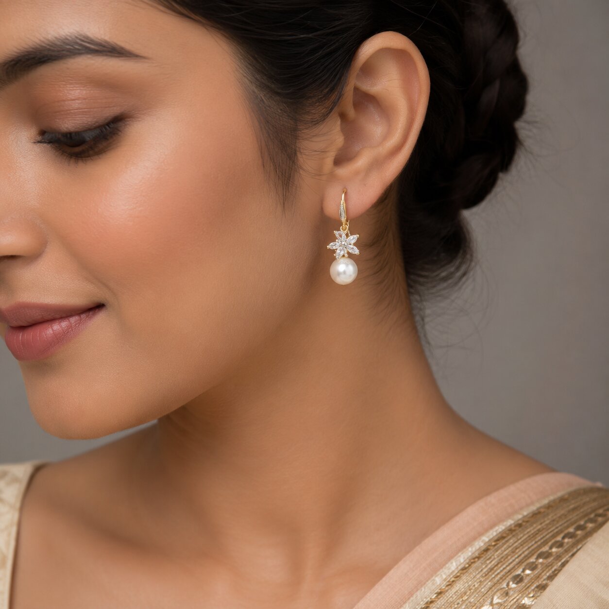 Gold Plated Floral Pearl Drop Earrings with CZ Stones