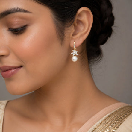 Gold Plated Floral Pearl Drop Earrings with CZ Stones