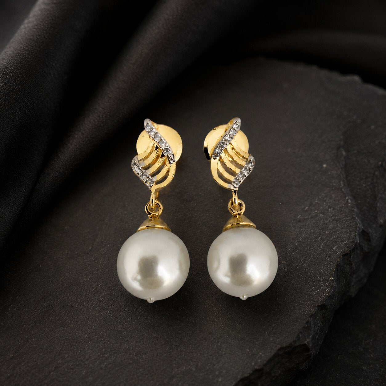 Gold Plated Pearl Drop Earrings with CZ Stone