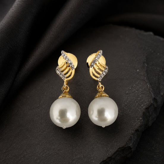 Gold Plated Pearl Drop Earrings with CZ Stone