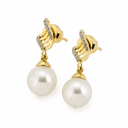 Gold Plated Pearl Drop Earrings with CZ Stone