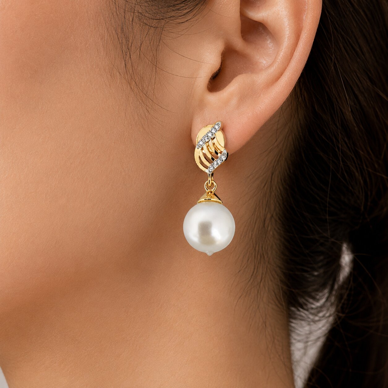 Gold Plated Pearl Drop Earrings with CZ Stone