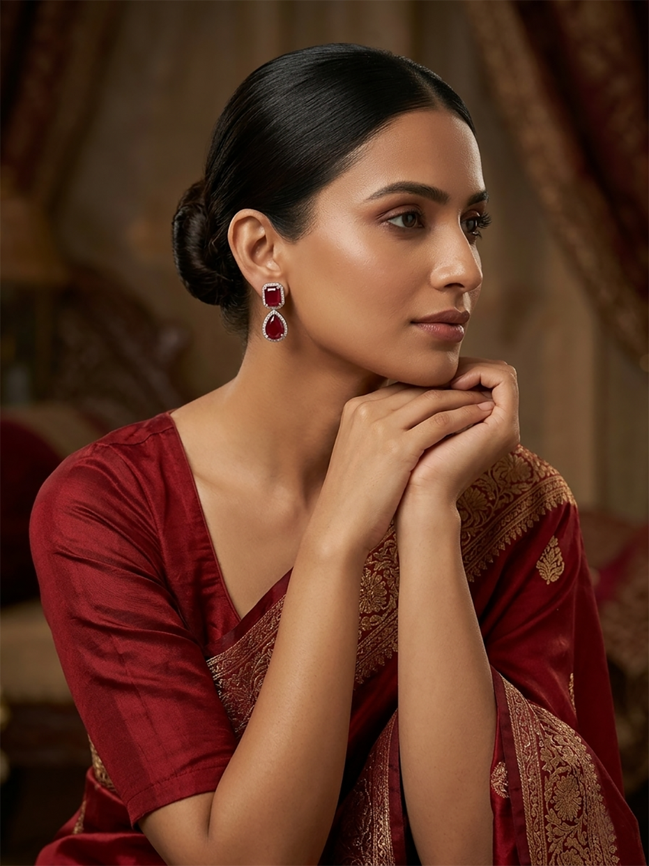 Rhodium Plated Emerald Cut & Pear Cut Amber CZ Stone Drop Earrings