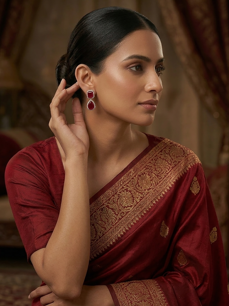 Rhodium Plated Emerald Cut & Pear Cut Amber CZ Stone Drop Earrings