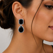 Rhodium Plated Emerald Cut & Pear Cut Amber CZ Stone Drop Earrings