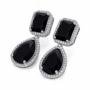 Rhodium Plated Emerald Cut & Pear Cut Amber CZ Stone Drop Earrings