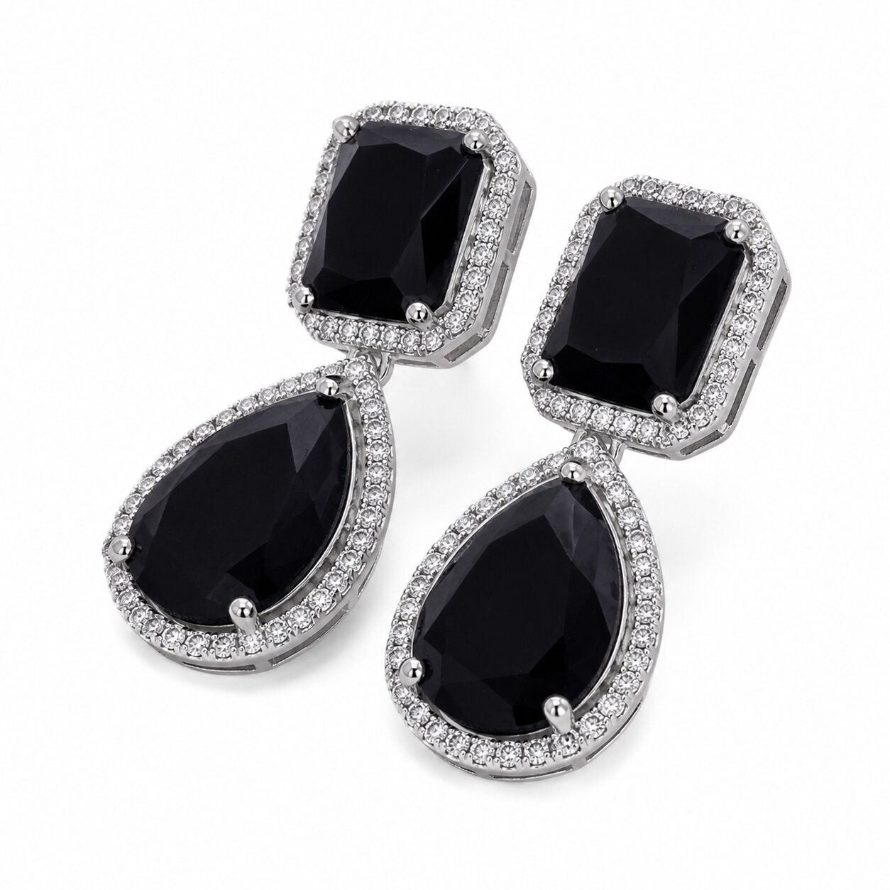 Rhodium Plated Emerald Cut & Pear Cut Amber CZ Stone Drop Earrings