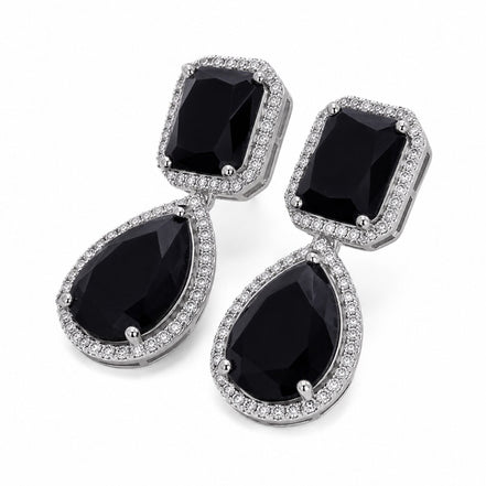 Rhodium Plated Emerald Cut & Pear Cut Amber CZ Stone Drop Earrings