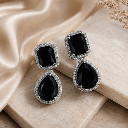 Rhodium Plated Emerald Cut & Pear Cut Amber CZ Stone Drop Earrings