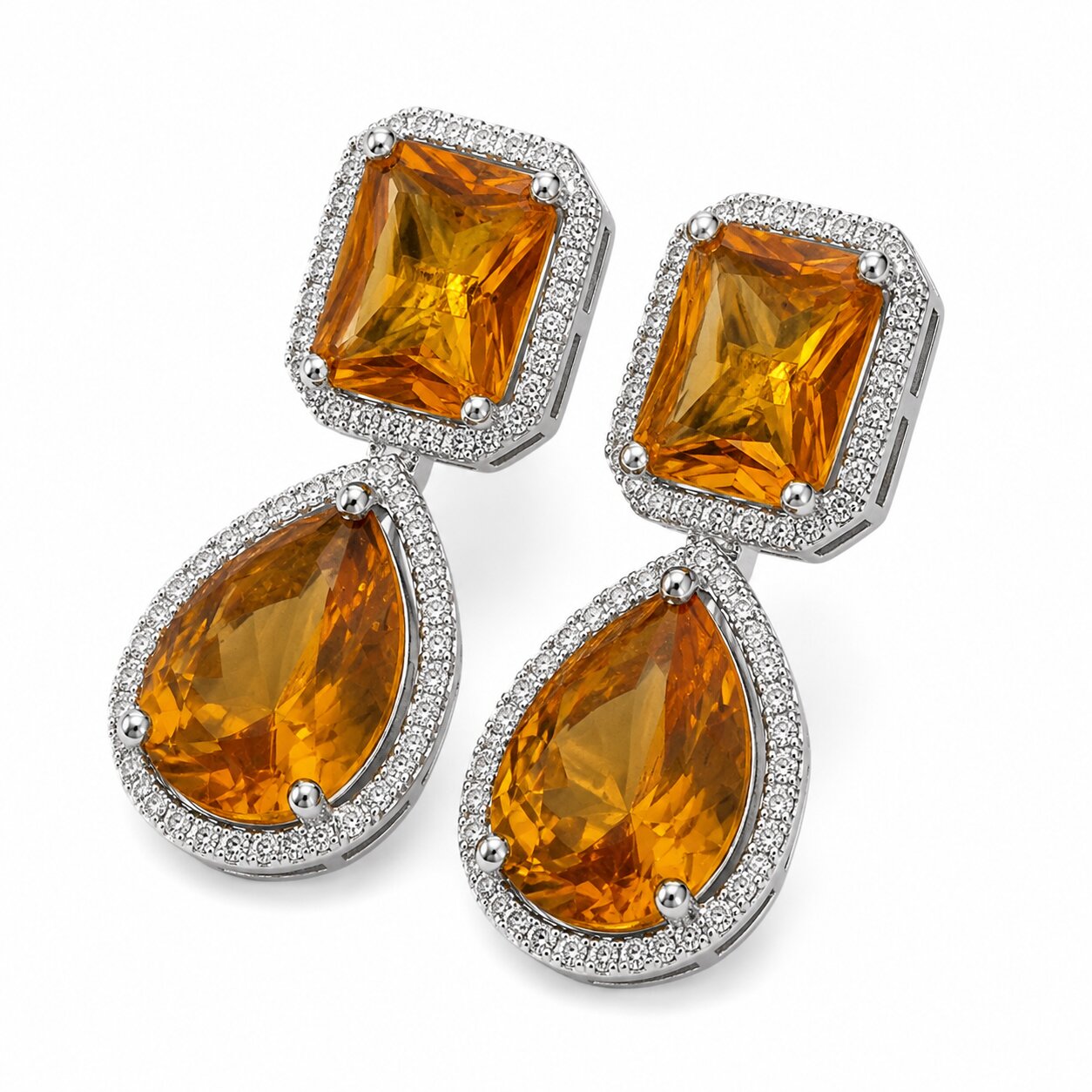 Rhodium Plated Emerald Cut & Pear Cut Amber CZ Stone Drop Earrings