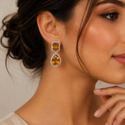 Rhodium Plated Emerald Cut & Pear Cut Amber CZ Stone Drop Earrings