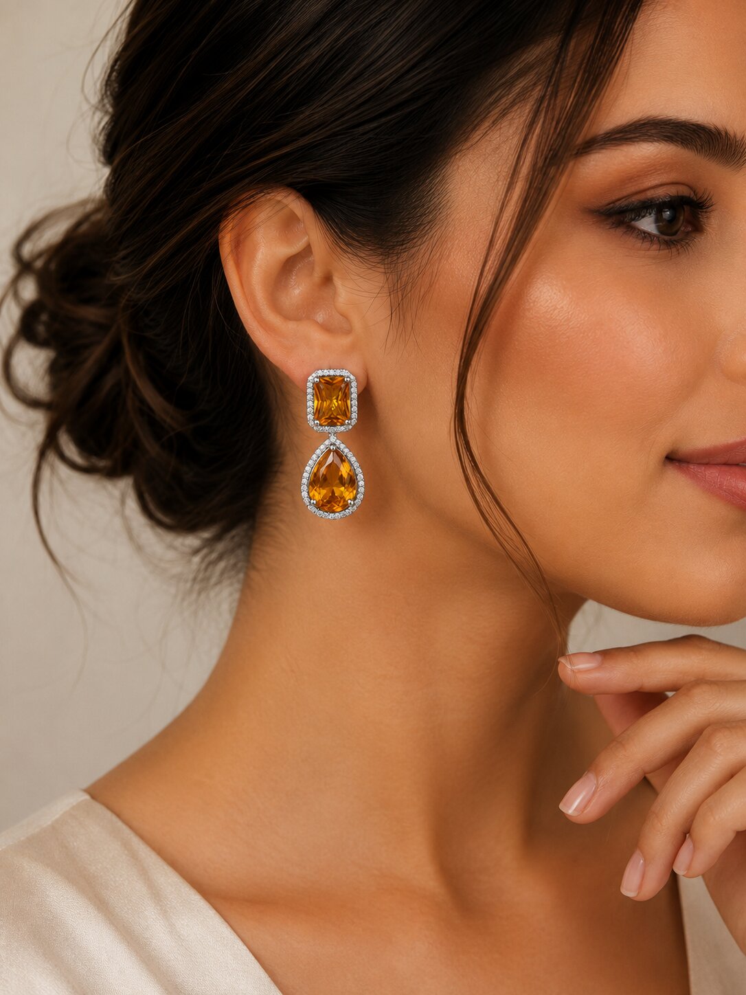 Rhodium Plated Emerald Cut & Pear Cut Amber CZ Stone Drop Earrings