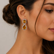 Rhodium Plated Emerald Cut & Pear Cut Amber CZ Stone Drop Earrings