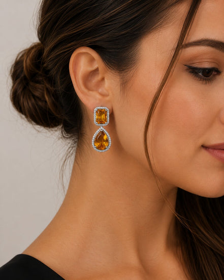 Rhodium Plated Emerald Cut & Pear Cut Amber CZ Stone Drop Earrings