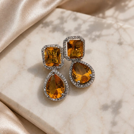 Rhodium Plated Emerald Cut & Pear Cut Amber CZ Stone Drop Earrings