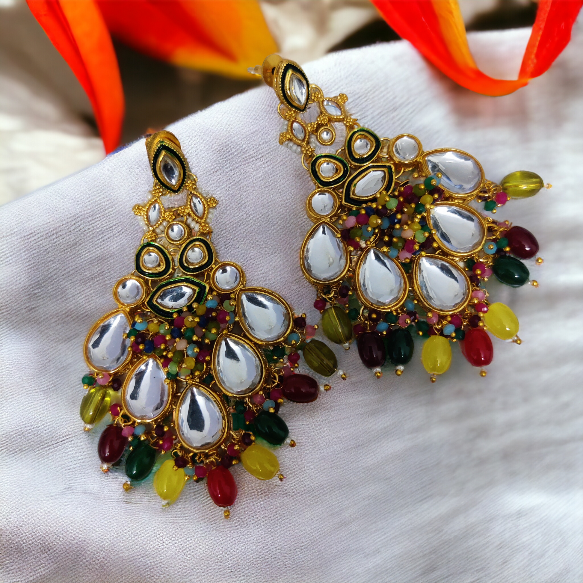 Kundan Danglers With Coloful Moti Earrings - Opal Touch