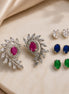Rhodium Plated Changeable Stud Earrings Set with Floral Leaf Pattern, CZ Stones & Oval Gemstone