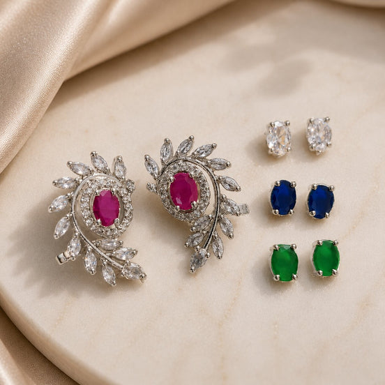 Rhodium Plated Changeable Stud Earrings Set with Floral Leaf Pattern, CZ Stones & Oval Gemstone
