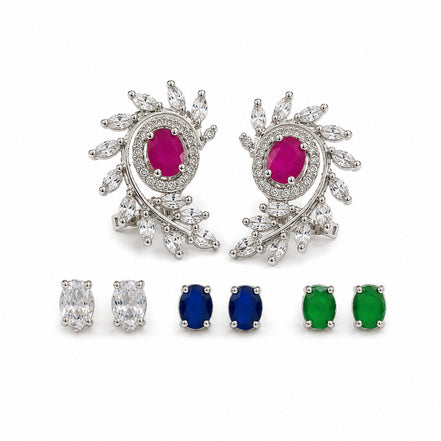 Rhodium Plated Changeable Stud Earrings Set with Floral Leaf Pattern, CZ Stones & Oval Gemstone