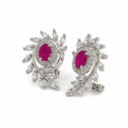 Rhodium Plated Changeable Stud Earrings Set with Floral Leaf Pattern, CZ Stones & Oval Gemstone