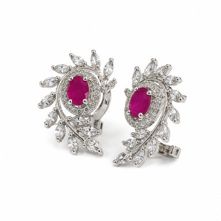 Rhodium Plated Changeable Stud Earrings Set with Floral Leaf Pattern, CZ Stones & Oval Gemstone