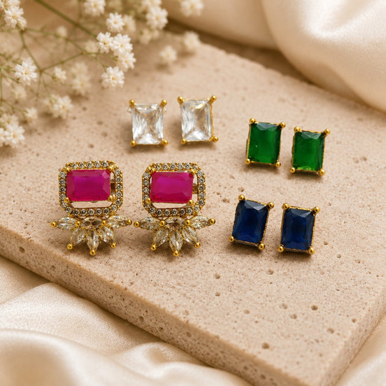 Gold Plated Changeable Stud Earrings Set with CZ Halo, Floral Pattern & Interchangeable Gemstone Tops